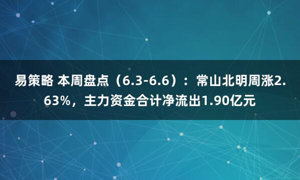 易策略 本周盘点（6.3-6.6）：常山北明周涨2.63%，主力资金合计净流出1.90亿元